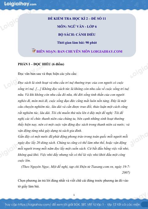 Đề thi học kì 2 Văn 6 Cánh diều - Đề số 11